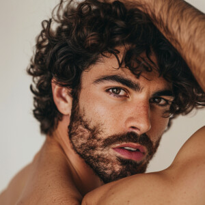 The image showcases a close-up of the upper torso of a man with...