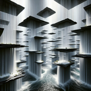 Floating waterfalls made from thin slabs of black slate stone th...