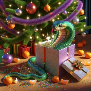 Visual Elements:

Central Object: A snake wrapped in tinsel, e...