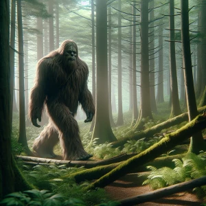 A humanoid looking hair covered sasquatch walking through the dense forest in China