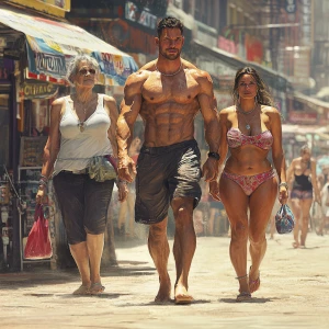 Create a photorealistic image of a muscular, sweaty man with wel...