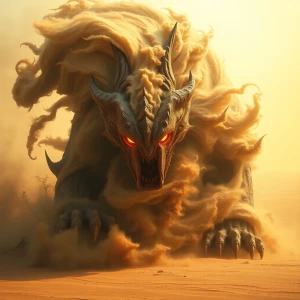 A massive sandstorm twisting into the form of a mythical desert...