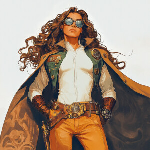 illustration, future, muscles, cape,  hero, steampunk, long hair...