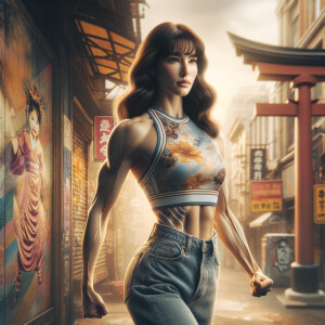 Athletic Thin skinny Attractive, Asian teenage girl, long brown hair and bangs, wearing tight skinny jeans and a halter top paint marks on her clothing, heroic pose Asian graffiti background, backside view