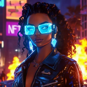 A futuristic female character with dark skin, styled in volumino...