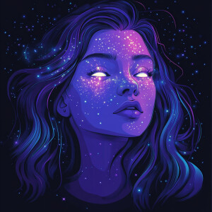 “A realistic vector portrait of a woman with bioluminescent tatt...