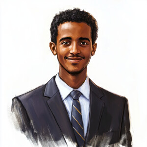 An Ethiopian man, aged 25, with dark skin, a tall and slim build...