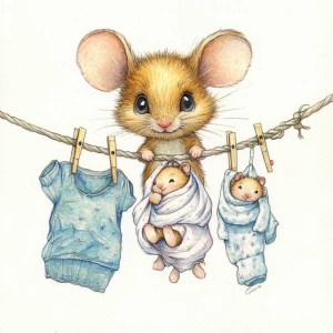 Cute mouse with expressive eyes, hanging laundry on a line which has lots of baby clothing hanging off it on clothing pins. She is adorable and has 2 little baby mice hanging from the line wrapped in blankets. Style is watercolor, with pencil outlines.