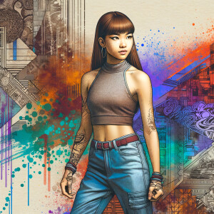 Very thin Athletic Thin skinny Attractive, Asian teenage girl, long brown hair and bangs, wearing tight skinny jeans and a halter top paint marks on her clothing, heroic sideways pose Asian graffiti background