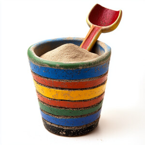 Show a bright whimsical colorful beach bucket with a shovel, fil...