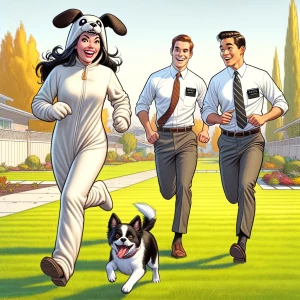 An image depicting a woman in a dog costume humorously chasing t...