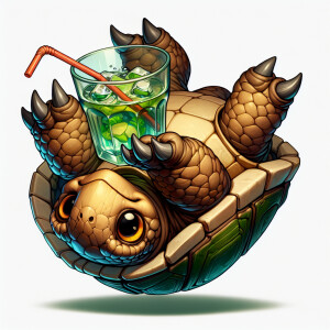 Upside down RPG style turtle, holding a glass with a straw in it