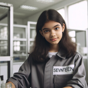 A girl in a lab wearing a grey jumpsuit with the number seventee...