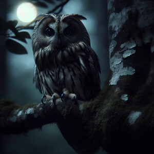 An owl perched on a tree branch, its talons gripping the bark as...