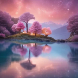 A surreal landscape with floating islands, glowing pastel-colored trees, and a shimmering lake reflecting a starry, twilight sky