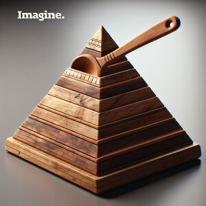 Create an image that shows a pyramidal wooden utensil with a han...