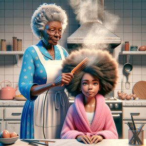 Create a realistic 3-D image of an african-American grandmother wearing a blue house dress and a white apron . She is in the kitchen with her african-American granddaughter. Her granddaughter is wearing a pink bath robe. The grandmother has a hot comb in her hand and she is straightening her granddaughters hair. One side of her granddaughters hair is in  a Afro the other straight 
There is smoke coming from the hot comb
The granddaughter is making a face