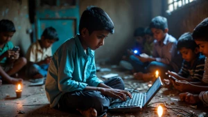“Inside a small dimly lit room in a slum, a teenage Indian boy s...