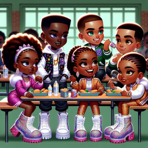 A lively high school cafeteria with chibi-style, melanin-rich Af...