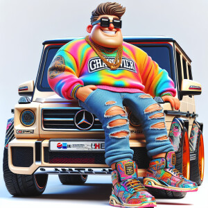 Create a colorful/psyscadelic character of fat Albert wearing a...