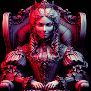 A woman named lilith wearing elegant gothic lolita dress  sitting on the thrones, red purple aura, smirk evil, 3D, humanlike