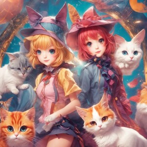 Five mischievous cats of different colors are playing together,...