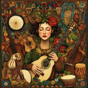 Create a dynamic folk music album cover showcasing a woman surro...