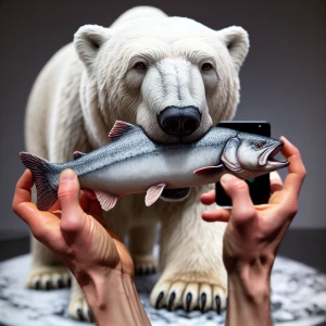 Polar bear with a fish in its mouth, facing the camera,  Nationa...
