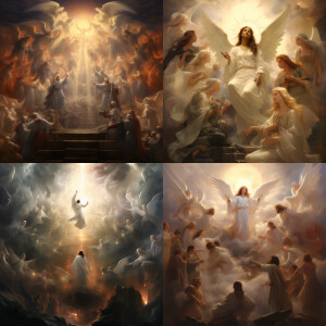 Angels gathered in front of God and Jesus