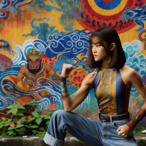 Very thin Athletic Thin skinny Attractive, Asian teenage girl, long brown hair and bangs, wearing tight skinny jeans and a halter top paint marks on her clothing, sitting side view heroic pose Asian graffiti