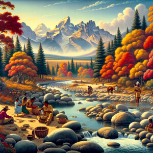Visuals of a serene natural landscape with traditional Native Am...