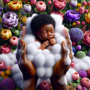 A newborn African-American baby with curly black hair, held gent...