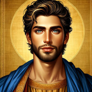 Create handsome African-American, Jesus, with Hazel Brown eyes wearing a blue and gold robe