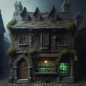 A small, crooked Gothic-style building with ivy creeping up its...