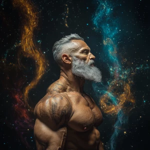 In a cosmic landscape where vibrant energy streams twist across...