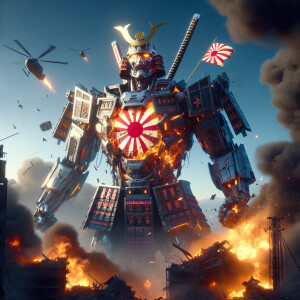 Japan as a transformer character, adorned with samurai costume a...
