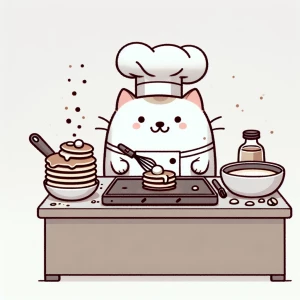 A cute, funny, chef, cat, making pancakes