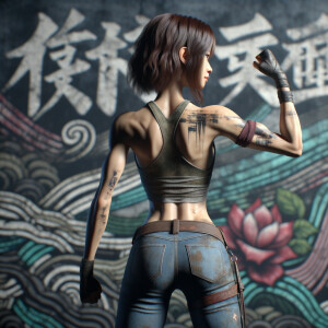 Athletic Thin skinny Attractive, Asian teenage girl, long brown hair and bangs, wearing tight skinny jeans and a halter top paint marks on her clothing, heroic pose Asian graffiti background, backside view