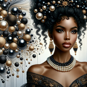 Imagine a digital portrait of a light skinned African-American Latino regal woman named KAREN Her attire and accessories are exclusively adorned with black and gold pearls. They grace her voluminous hair, styled in an elegant updo, where the black pearls form the roots and the gold pearls create the stunning curls. Her ears boast chandelier earrings, with black pearls clustered at the top, transitioning to gold pearls that dangle with delicate grace. Around her neck, a tiered necklace cascades with strands of alternating black and gold pearls, reflecting a sophisticated contrast.

Her shoulders are draped with a luxurious off-shoulder gown, the fabric's weave incorporating intricate patterns formed by black and gold pearls. The gown's texture has a subtle sheen, suggesting a high-quality material with a pearlescent finish. As a centerpiece, a grand brooch sits at her collar, with a large gold pearl surrounded by an elaborate design of smaller black pearls.

The background of the portrait features an abstract composition of floating pearls, swirling in a dance of shadows and light, emphasizing the color theme of black and gold. The name "KAREN" is discreetly integrated into the lower right corner of the artwork, blending seamlessly with the design, as if it were a signature part of the jewelry ensemble. The overall effect is one of timeless elegance, a blend of modern design and classic beauty, all tied together by the luxurious palette of black and gold.