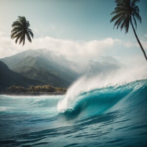 Ocean waves with palm trees and mountain
