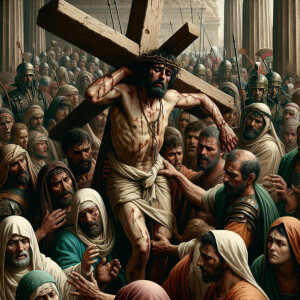 Christ wounded everywhere on his body as he hardly lifts the hea...