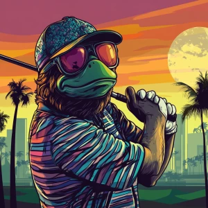MEME PEPE in GTA art style, PEPE playing golf, in the style of...