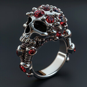 Design a unique skull ring adorned with bolts and nuts to create...