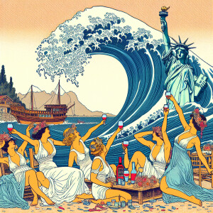 Five greek female friends, bachelorette party, in a Greek Island...