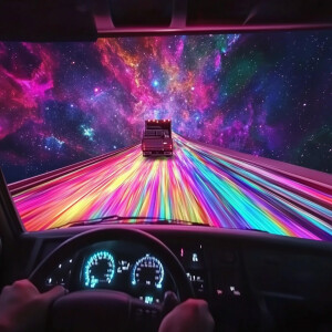 first person POV driving a truck on a rainbow glass road floatin...