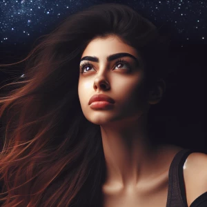 A young, beautiful woman with flowing long hair gazes upward, he...