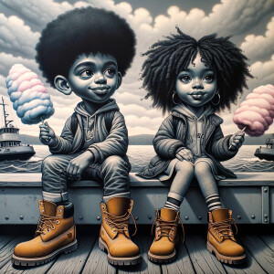 Grisaille Painting: Riding on the ferry landscape. Create a boy...