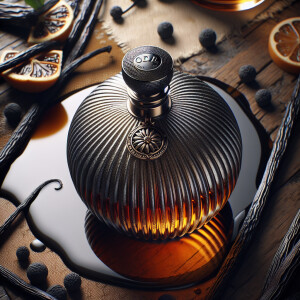 a bottle of perfume lying on water of spilled cognac. On the per...