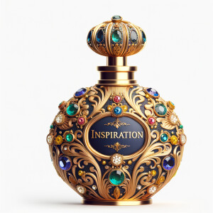 Create a 3-D realistic gold and  blue, colorful jewels perfume bottle
In the shape of a women’s body with the name Karen