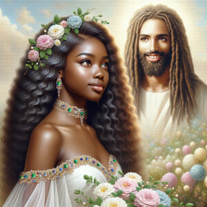 Create a 3-D realistic oil, painting of a beautiful African-American bride. She has long flooring, wavy hair and her gown has beautiful jewels around the neckline. in the background there is a beautiful African-American Jesus Christ with long dreadlocks, and he is smiling. He is very handsome pastel flowers throughout the image.